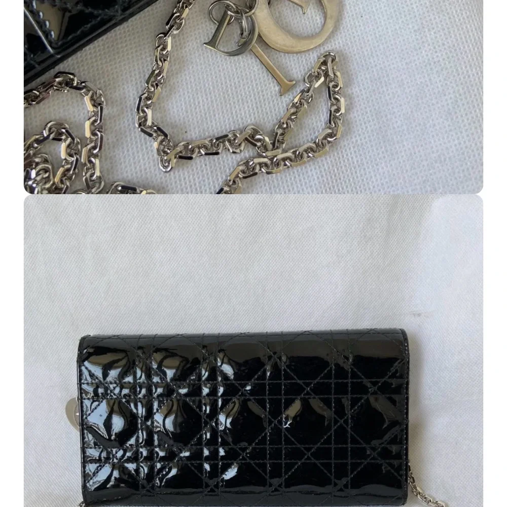 Dior Cannage Black Patent Quilted Wallet on Chain with Silver Hardware